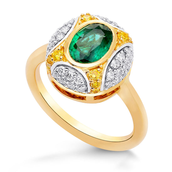 Oval Emerald and Fancy Intense Yellow Diamond Ring 