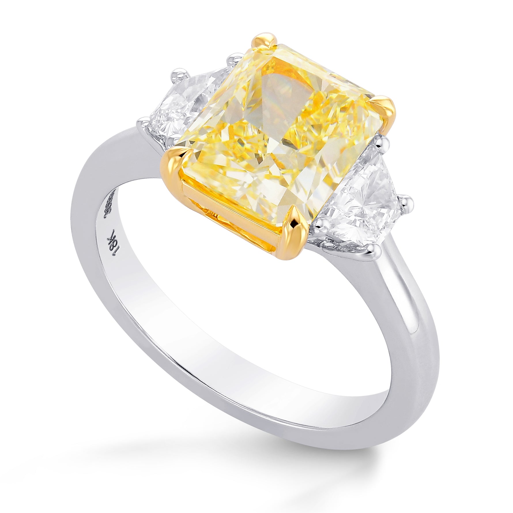 Fancy Light Yellow Radiant and Trapezoid Diamond 3 Stone Ring