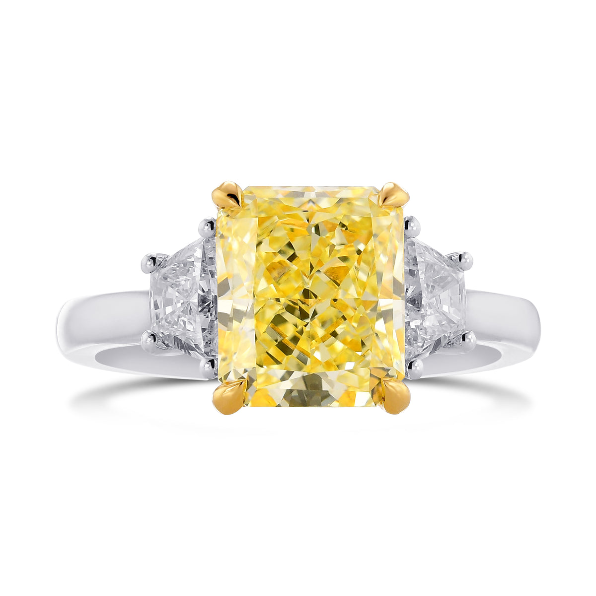 Fancy Light Yellow Radiant and Trapezoid Diamond 3 Stone Ring