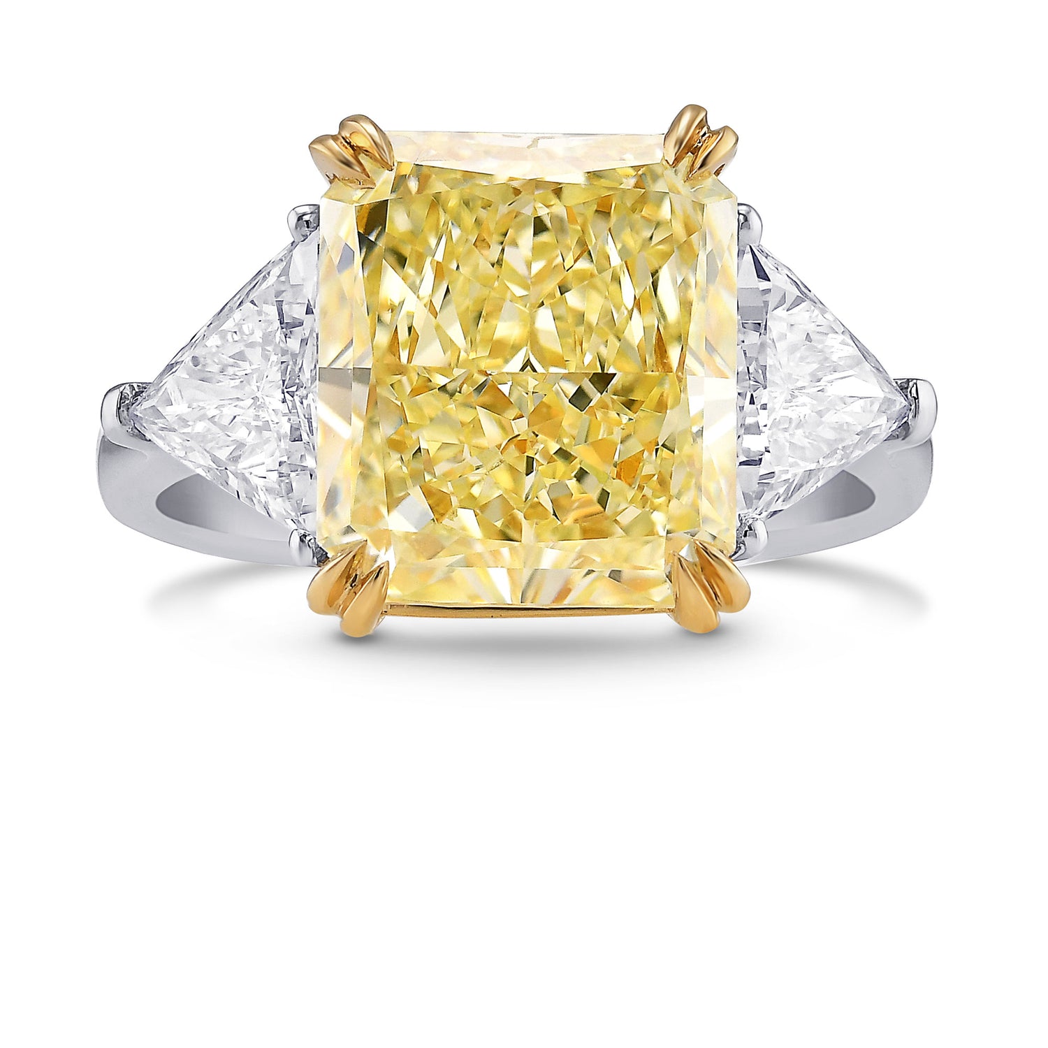 Fancy Light Yellow Radiant and Triangle 3 Stones Diamond Ring