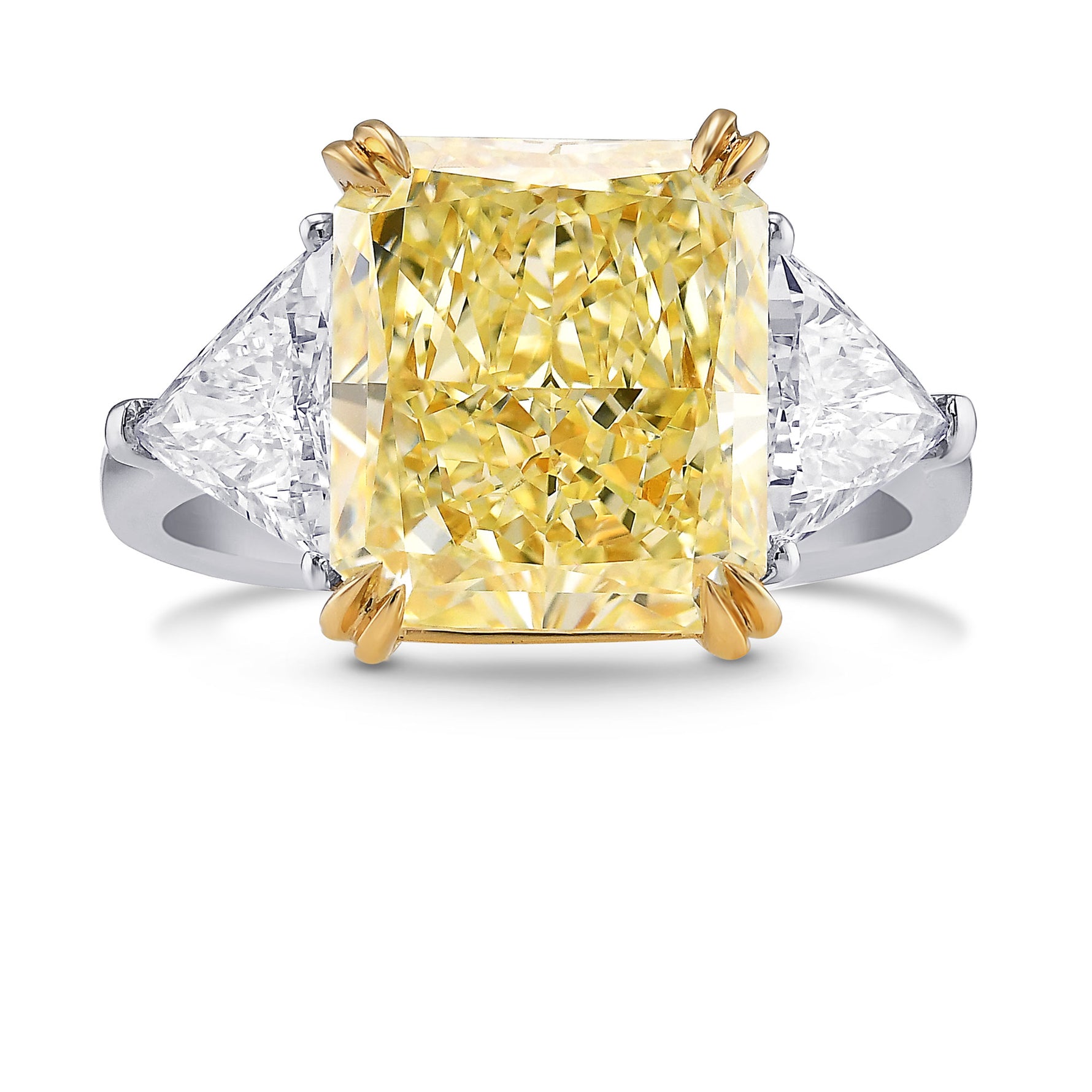 Fancy Light Yellow Radiant and Triangle 3 Stones Diamond Ring
