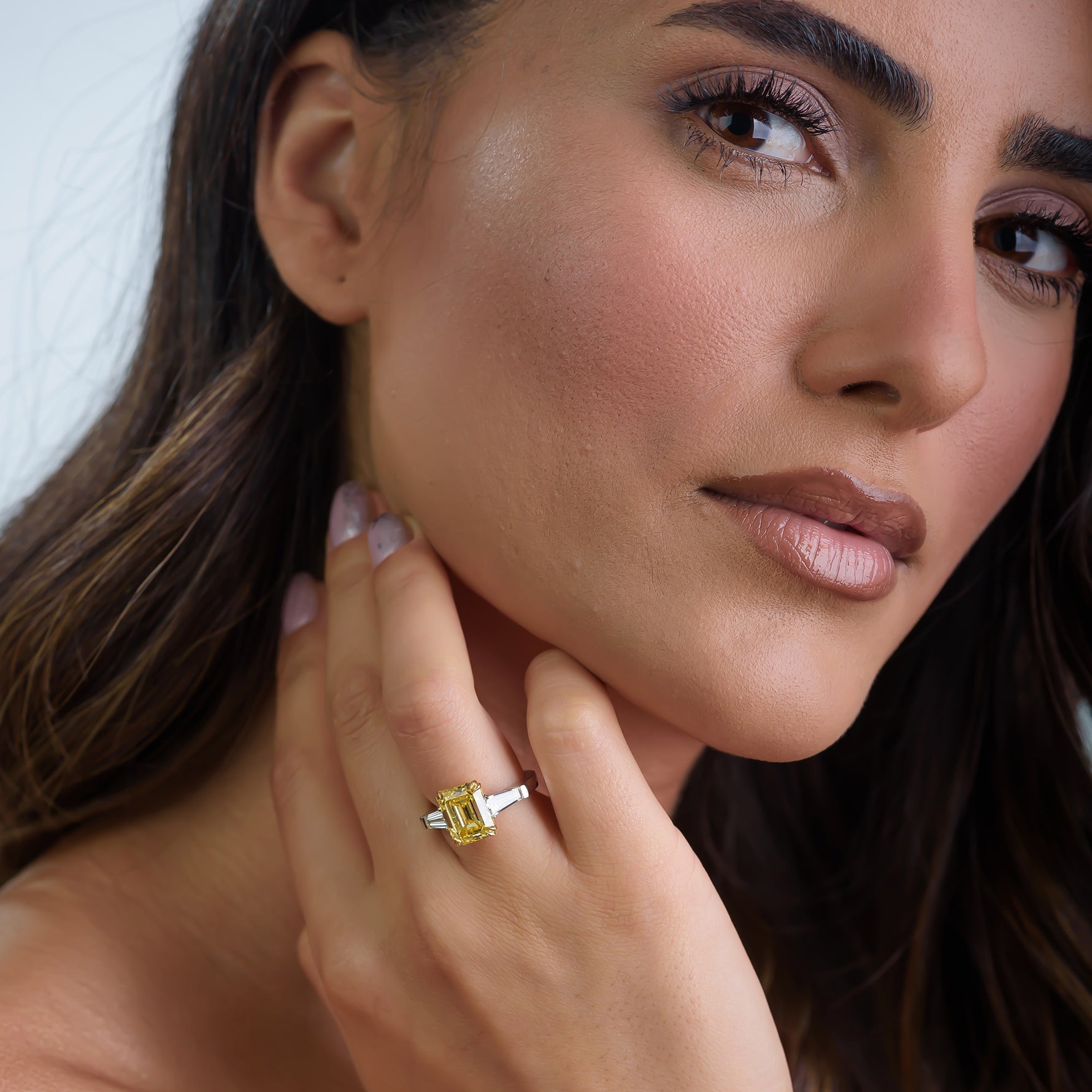 Fancy Light Yellow Radiant and Triangle 3 Stones Diamond Ring