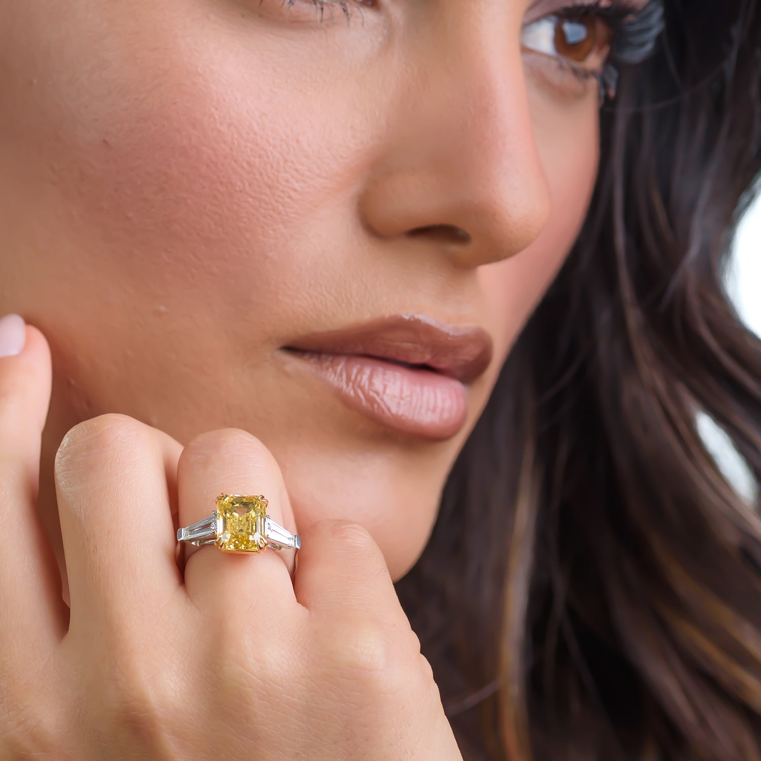 Fancy Light Yellow Radiant and Triangle 3 Stones Diamond Ring