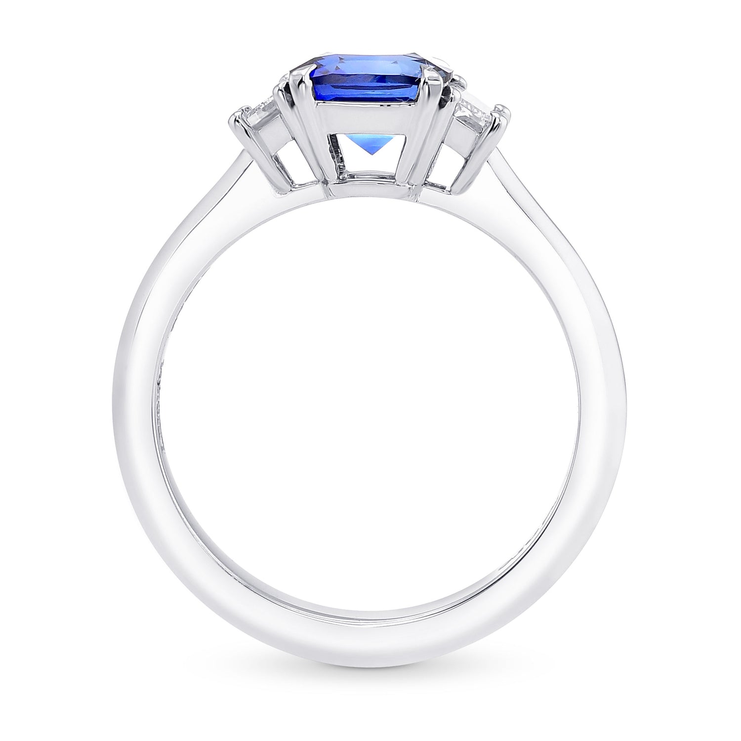 Cushion Blue Sapphire & Trapezoid Diamond 3 Stone Ring