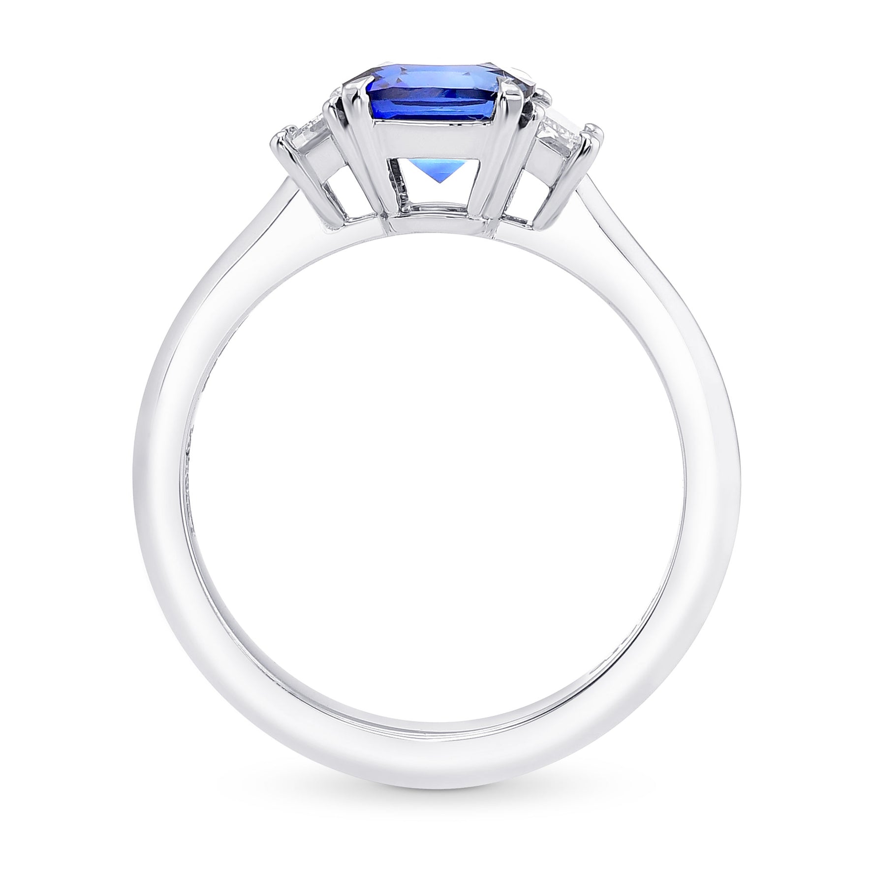 Cushion Blue Sapphire & Trapezoid Diamond 3 Stone Ring