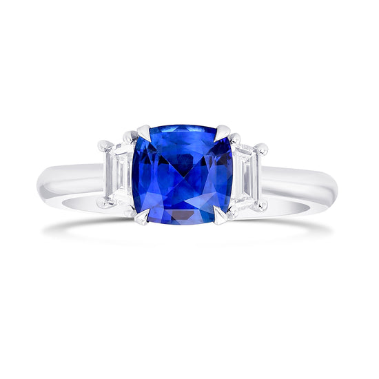 Cushion Blue Sapphire & Trapezoid Diamond 3 Stone Ring