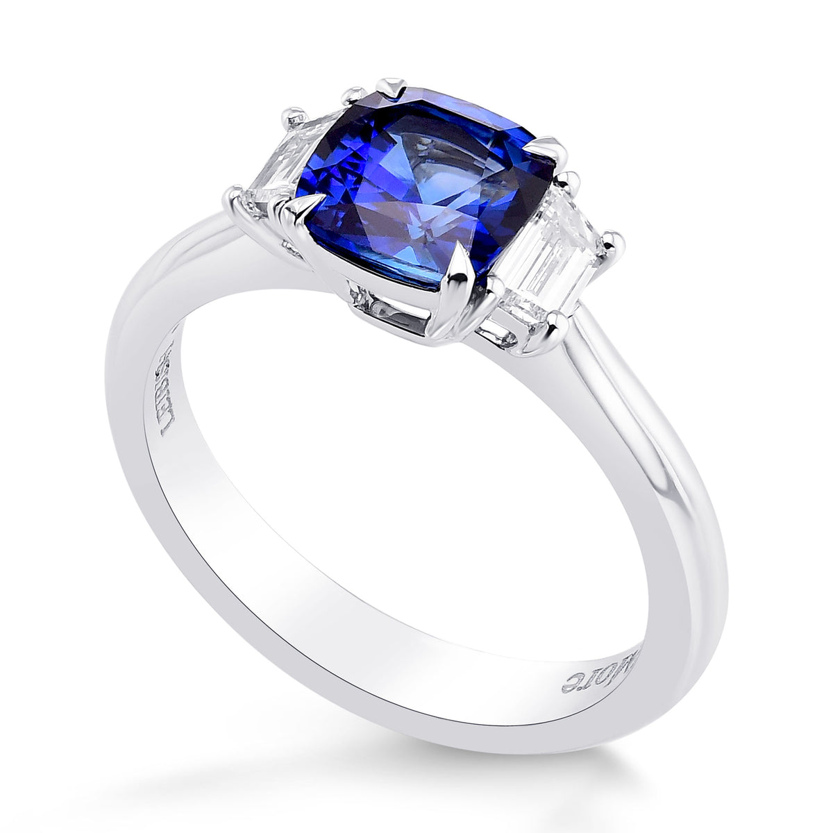 Cushion Blue Sapphire & Trapezoid Diamond 3 Stone Ring