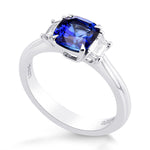 Cushion Blue Sapphire & Trapezoid Diamond 3 Stone Ring