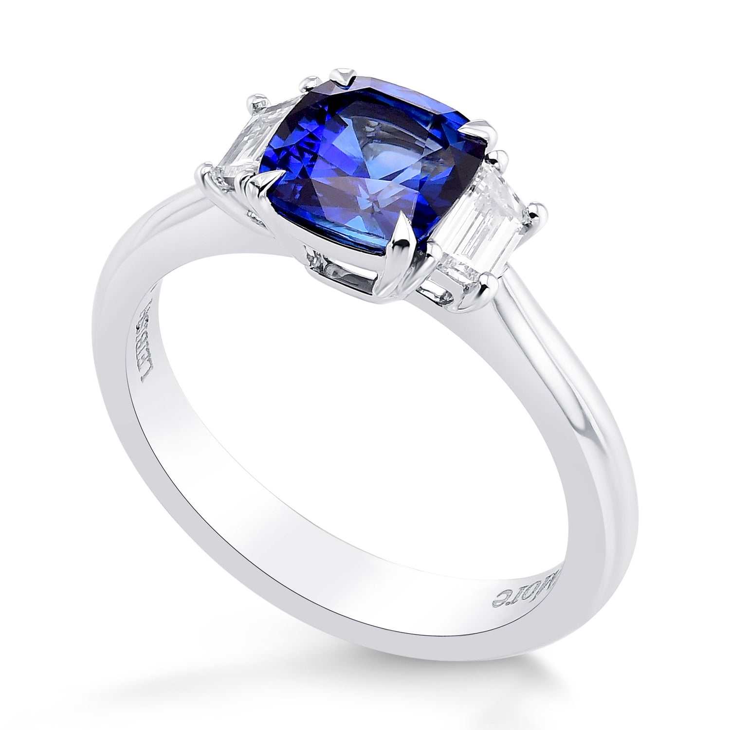 Cushion Blue Sapphire & Trapezoid Diamond 3 Stone Ring