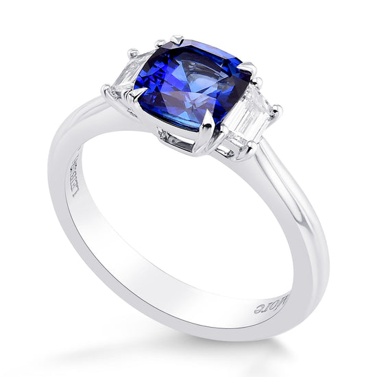 Cushion Blue Sapphire & Trapezoid Diamond 3 Stone Ring