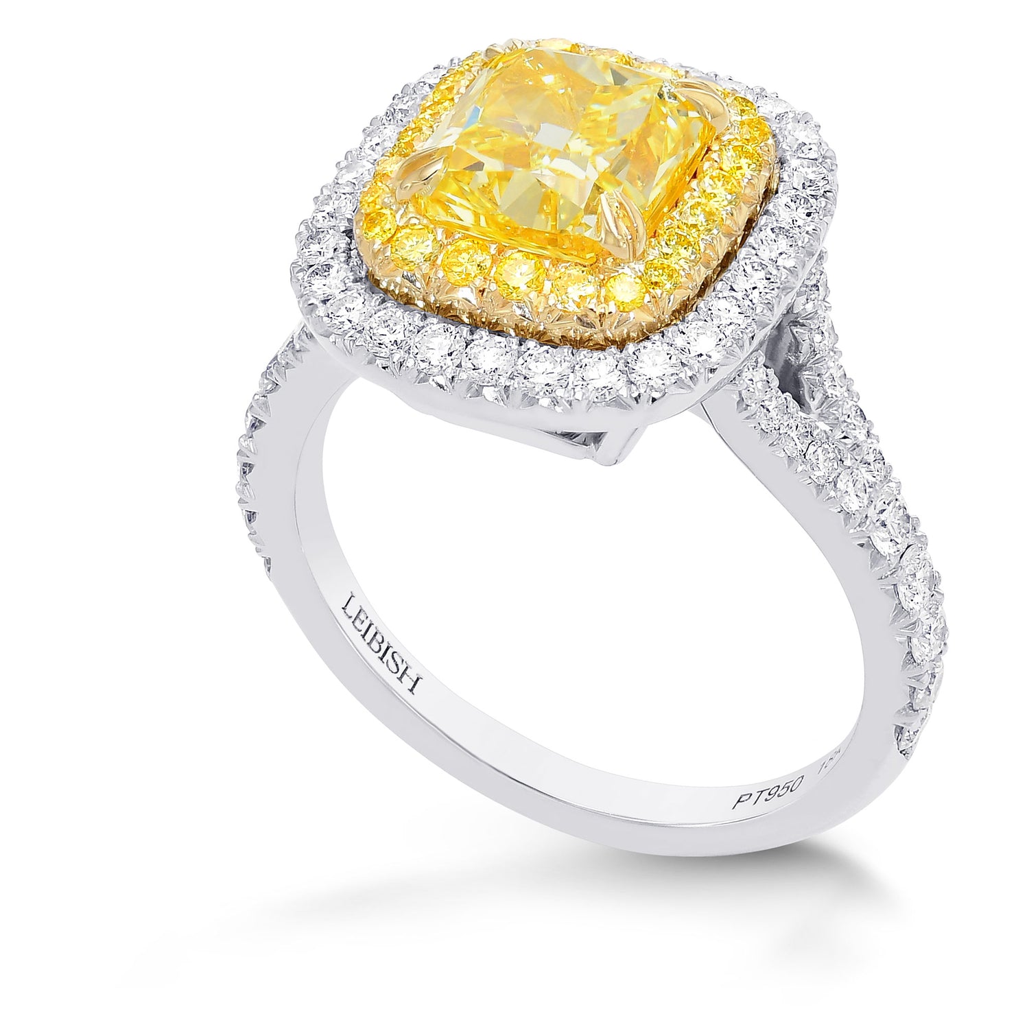 Fancy Intense Yellow Cushion Diamond Double Halo Ring 