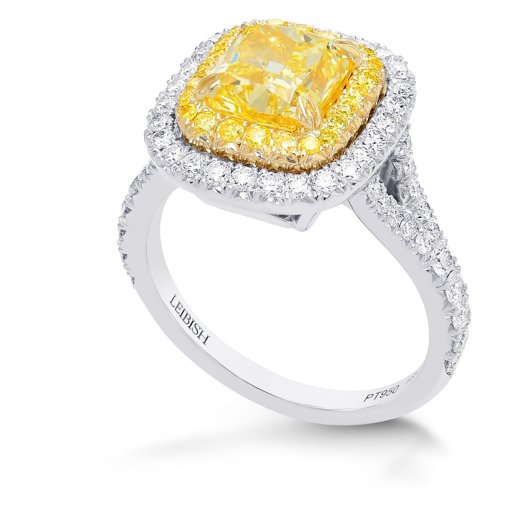 Fancy Intense Yellow Cushion Diamond Double Halo Ring 