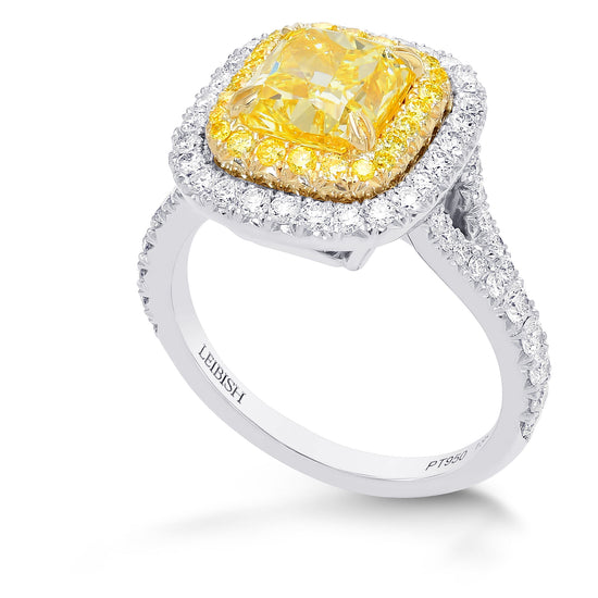 Fancy Intense Yellow Cushion Diamond Double Halo Ring 