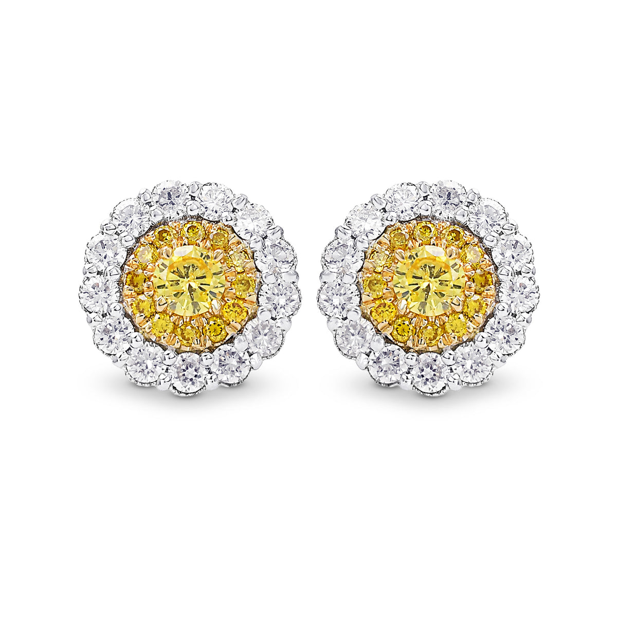 Round Brilliant Fancy Intense Yellow Diamond Halo Earrings 