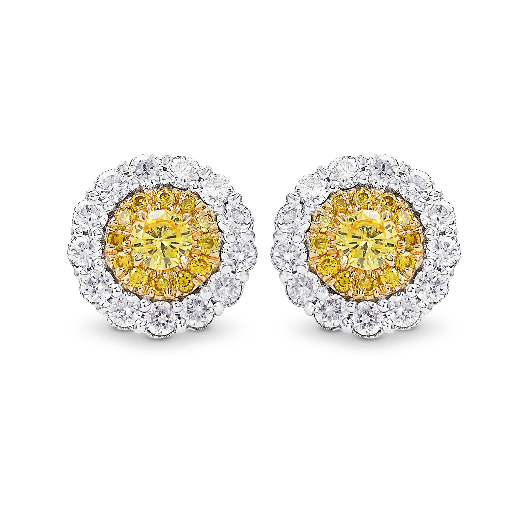 Round Brilliant Fancy Intense Yellow Diamond Halo Earrings 