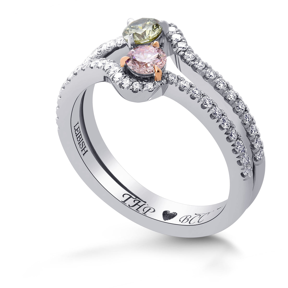 Fancy Green & Fancy Light Pink Round Diamond Two Stone Halo Ring