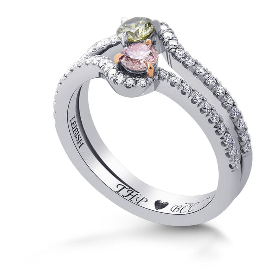 Fancy Green & Fancy Light Pink Round Diamond Two Stone Halo Ring