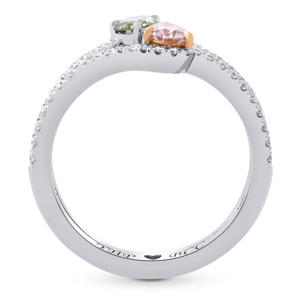 Fancy Green & Fancy Light Pink Round Diamond Two Stone Halo Ring