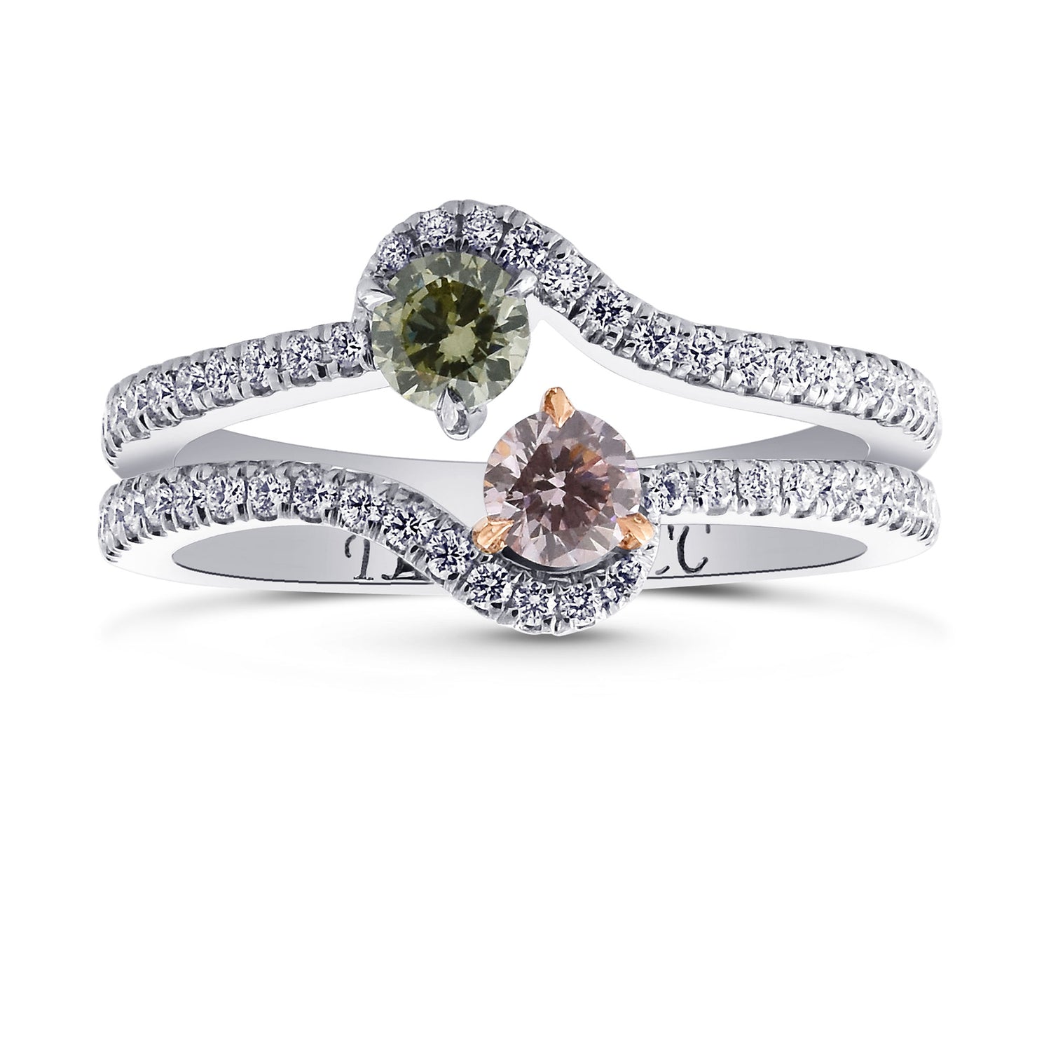 Fancy Green & Fancy Light Pink Round Diamond Two Stone Halo Ring