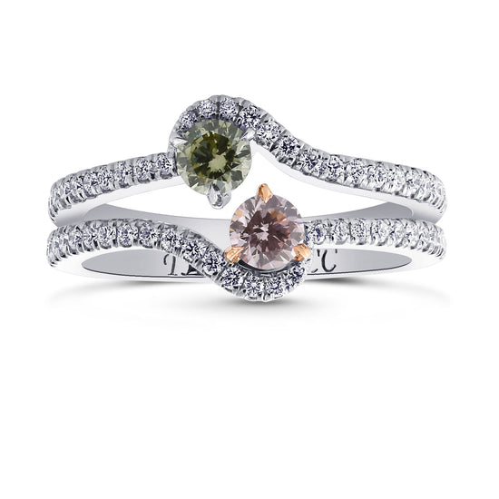 Fancy Green & Fancy Light Pink Round Diamond Two Stone Halo Ring