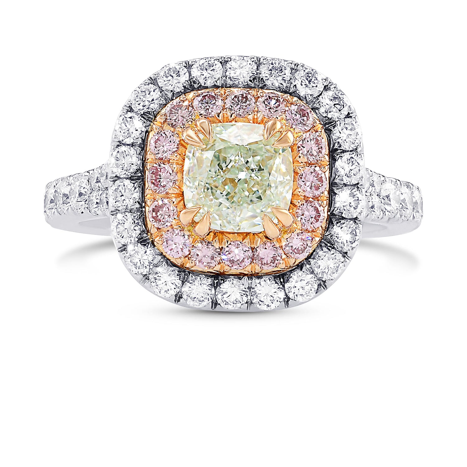 Fancy Light Green Cushion Carriage Fancy Pink & Colorless Halo Diamond Ring