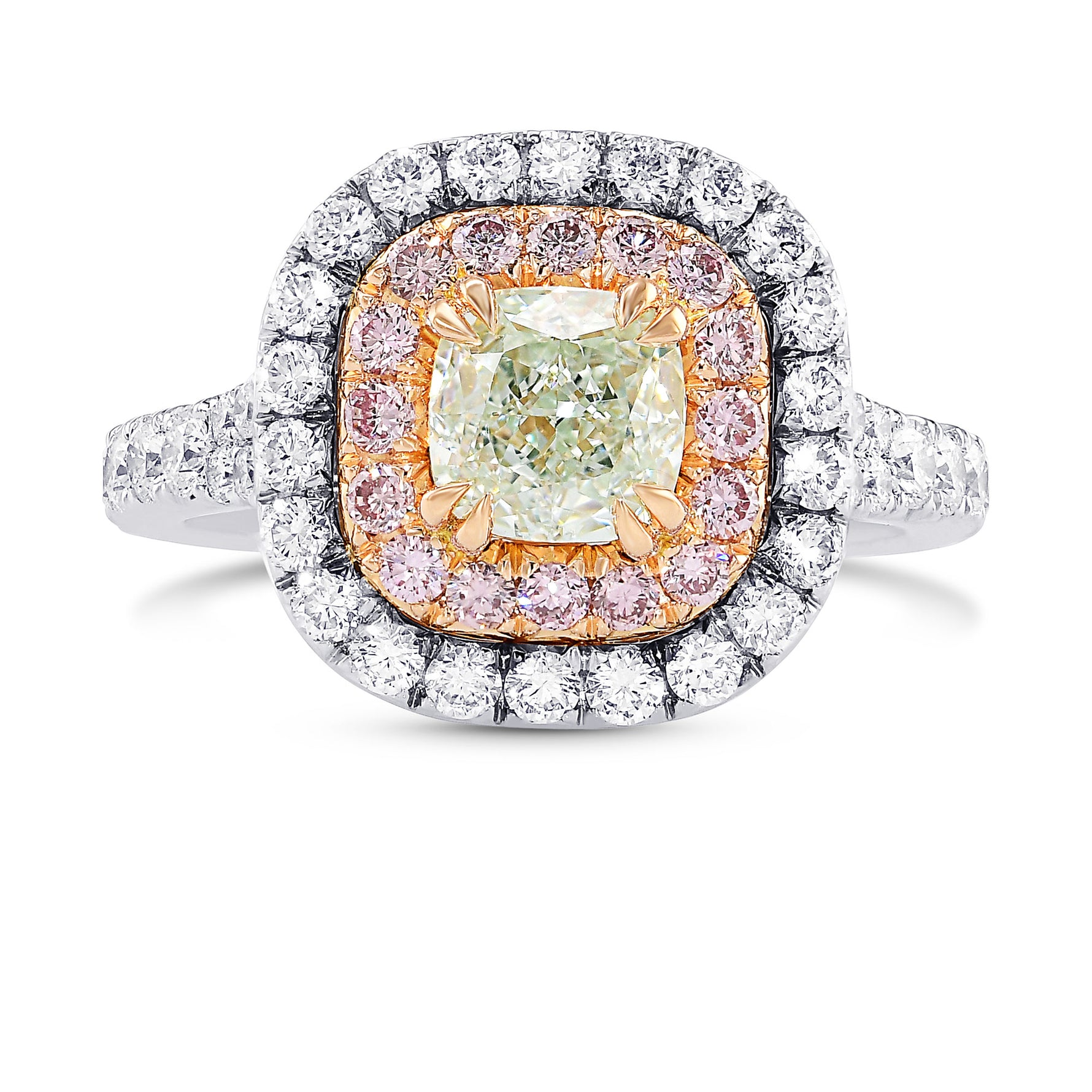 Fancy Light Green Cushion Carriage Fancy Pink & Colorless Halo Diamond Ring