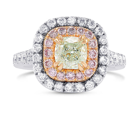 Fancy Light Green Cushion Carriage Fancy Pink & Colorless Halo Diamond Ring