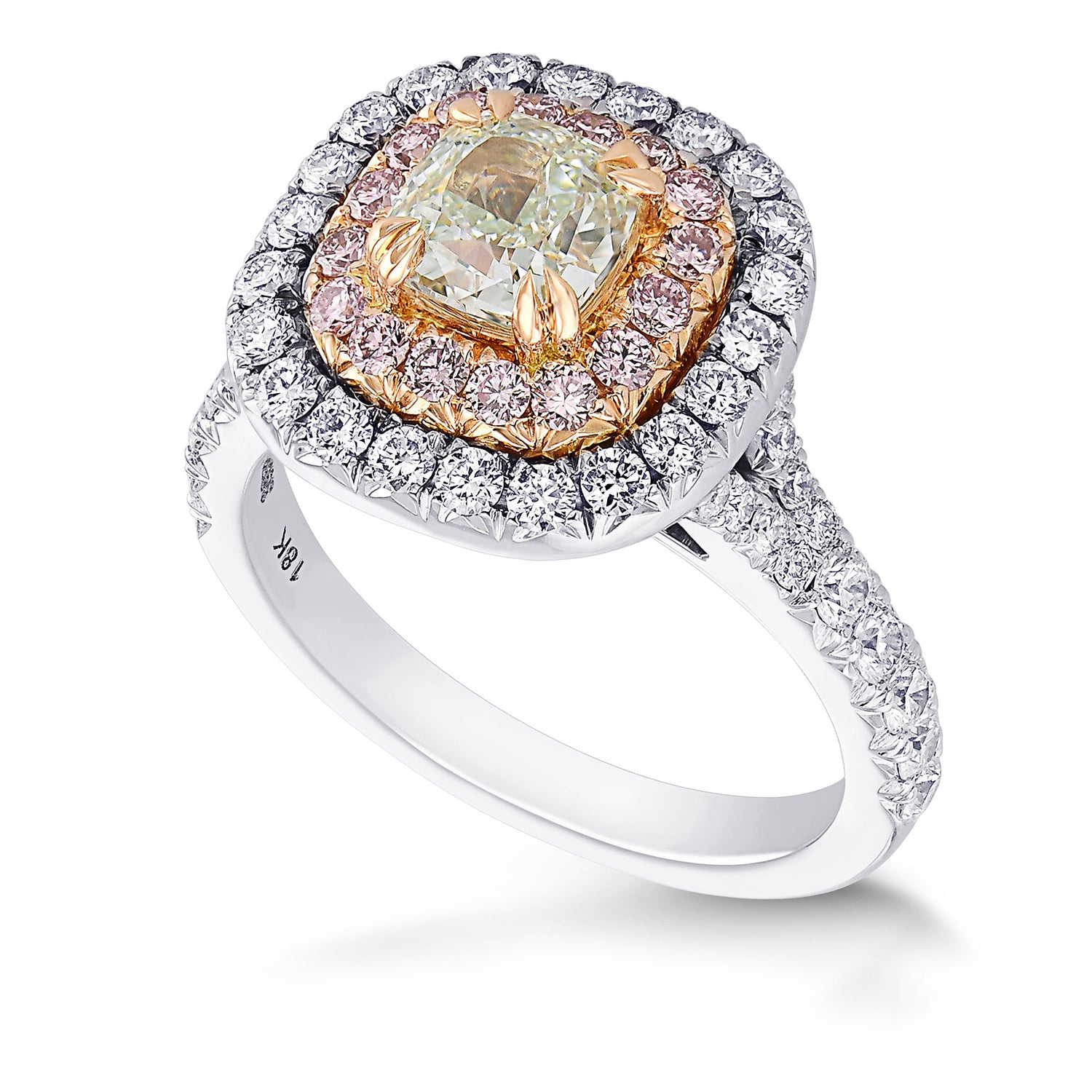 Fancy Light Green Cushion Carriage Fancy Pink & Colorless Halo Diamond Ring