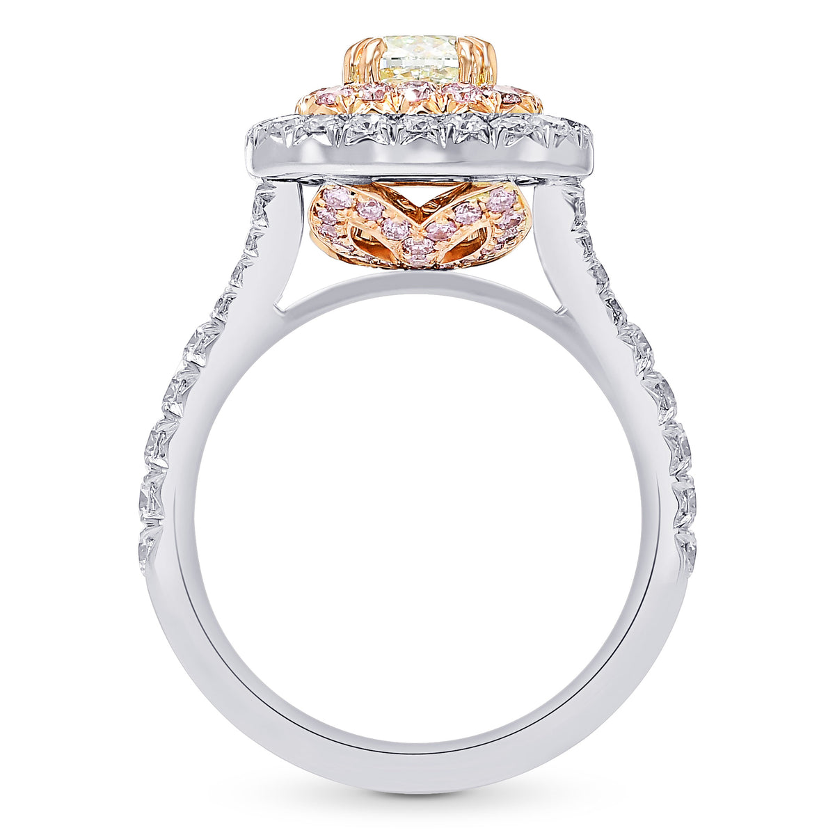 Fancy Light Green Cushion Carriage Fancy Pink & Colorless Halo Diamond Ring