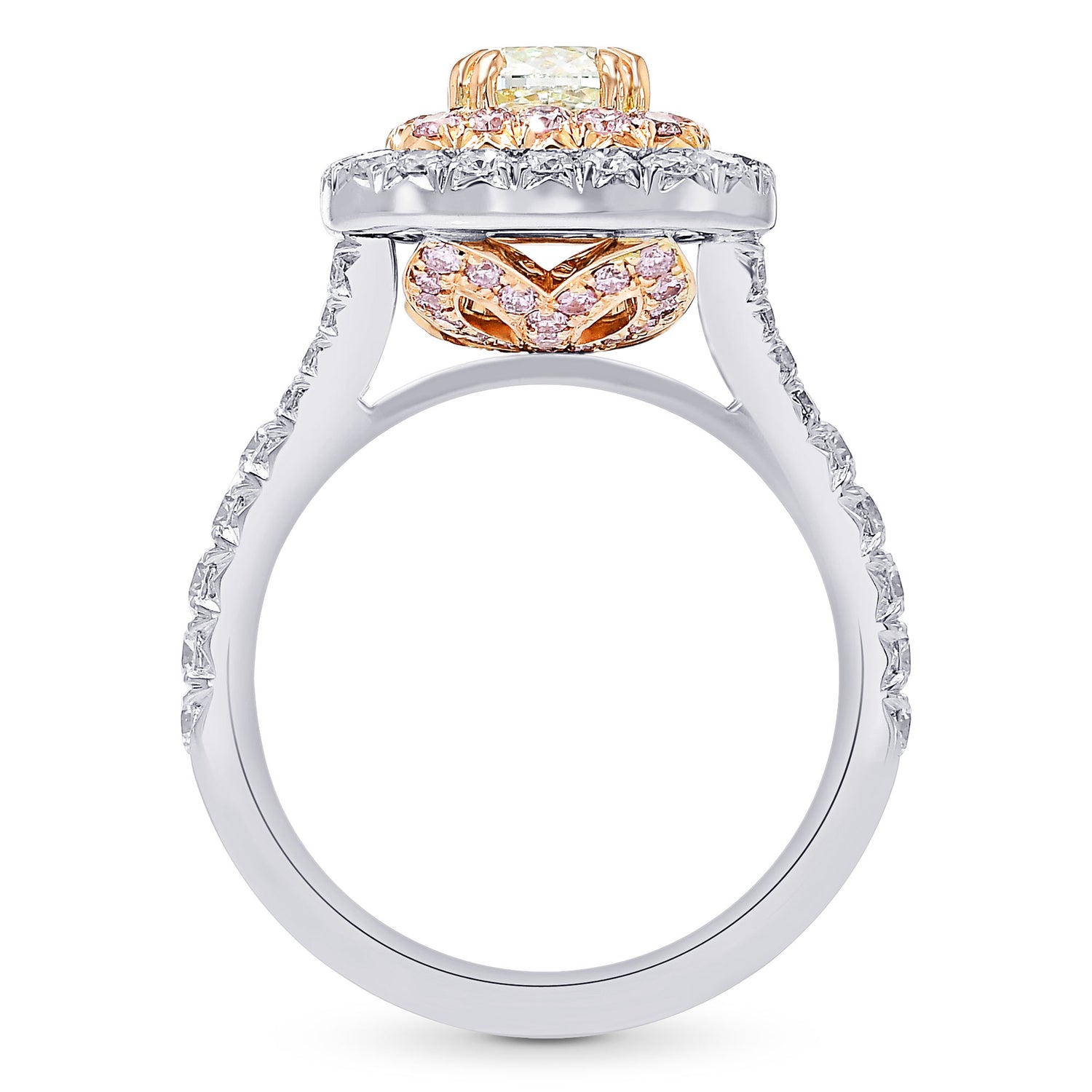 Fancy Light Green Cushion Carriage Fancy Pink & Colorless Halo Diamond Ring