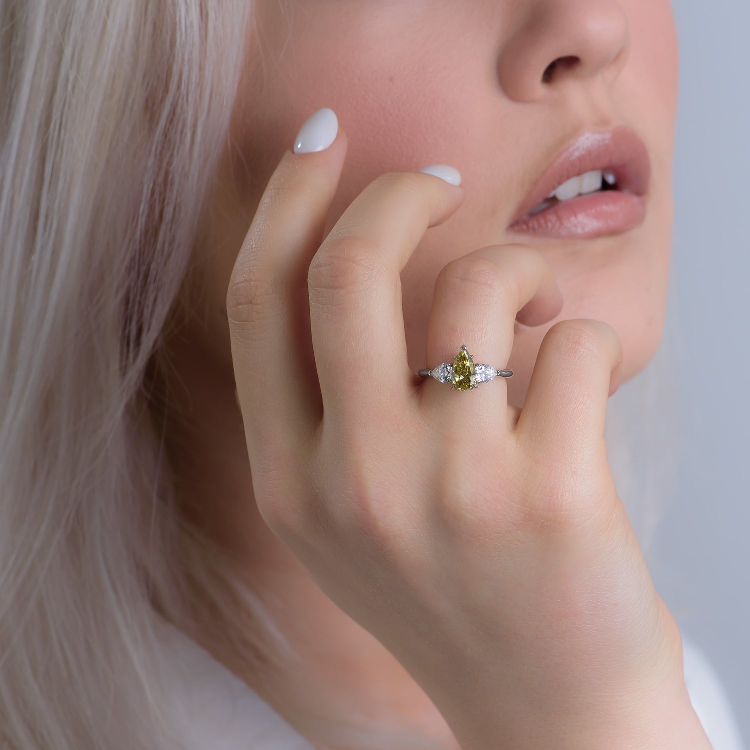  Chameleon Pear Shape Diamond 3 stone Ring