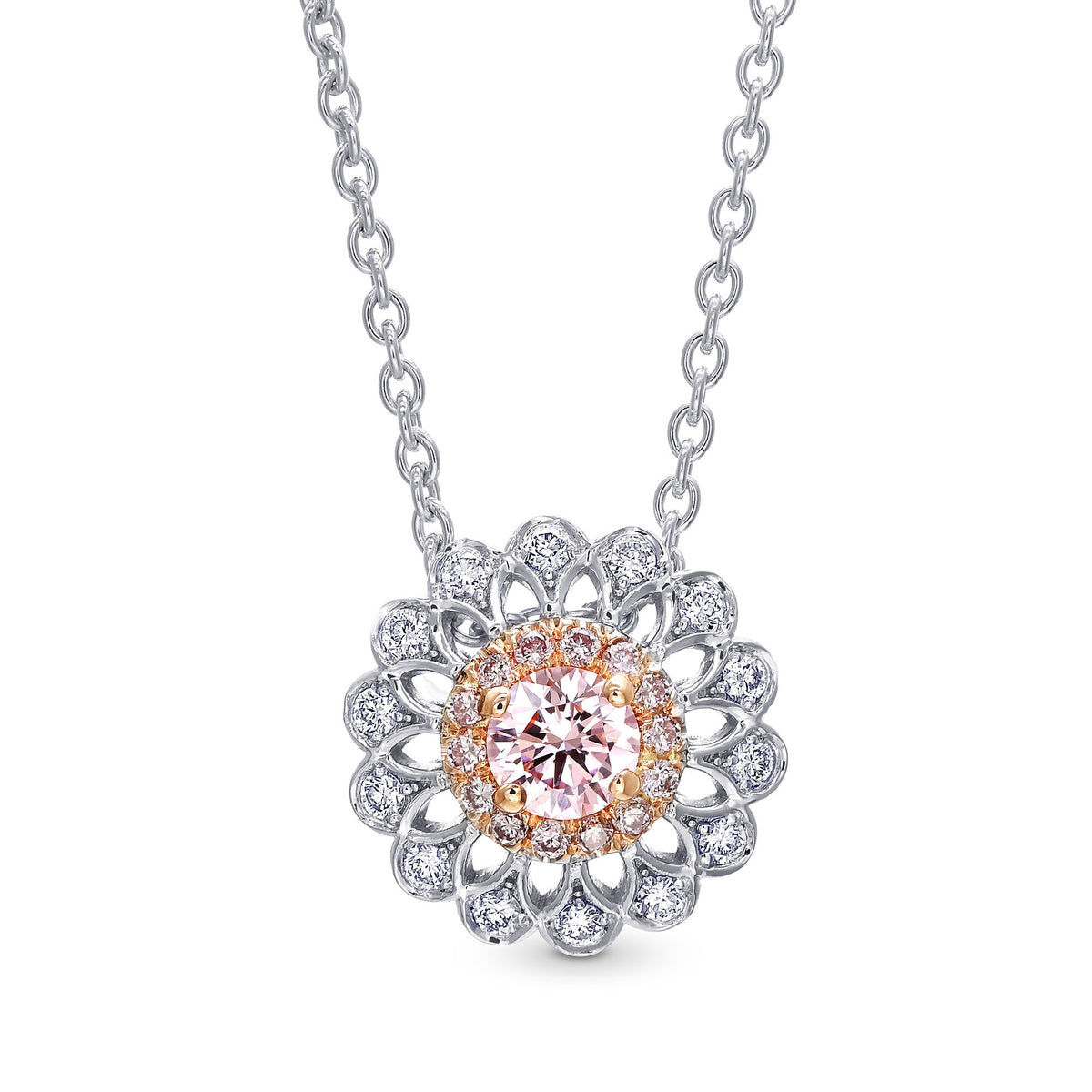 Fancy Light Pink Round Brilliant Filigree Halo Pendant