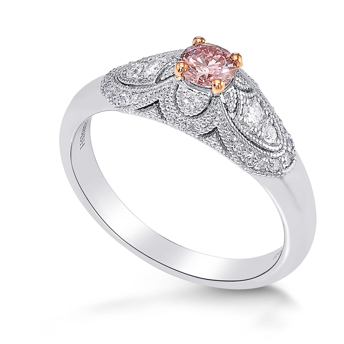 Argyle Fancy Orangy Pink Round Vintage Style Diamond Ring 