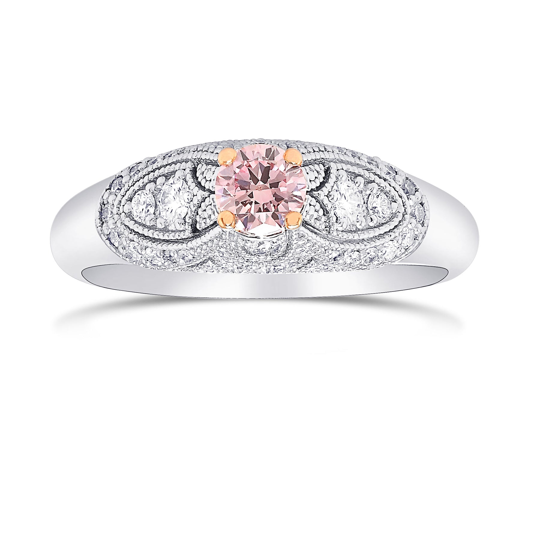 Argyle Fancy Orangy Pink Round Vintage Style Diamond Ring 