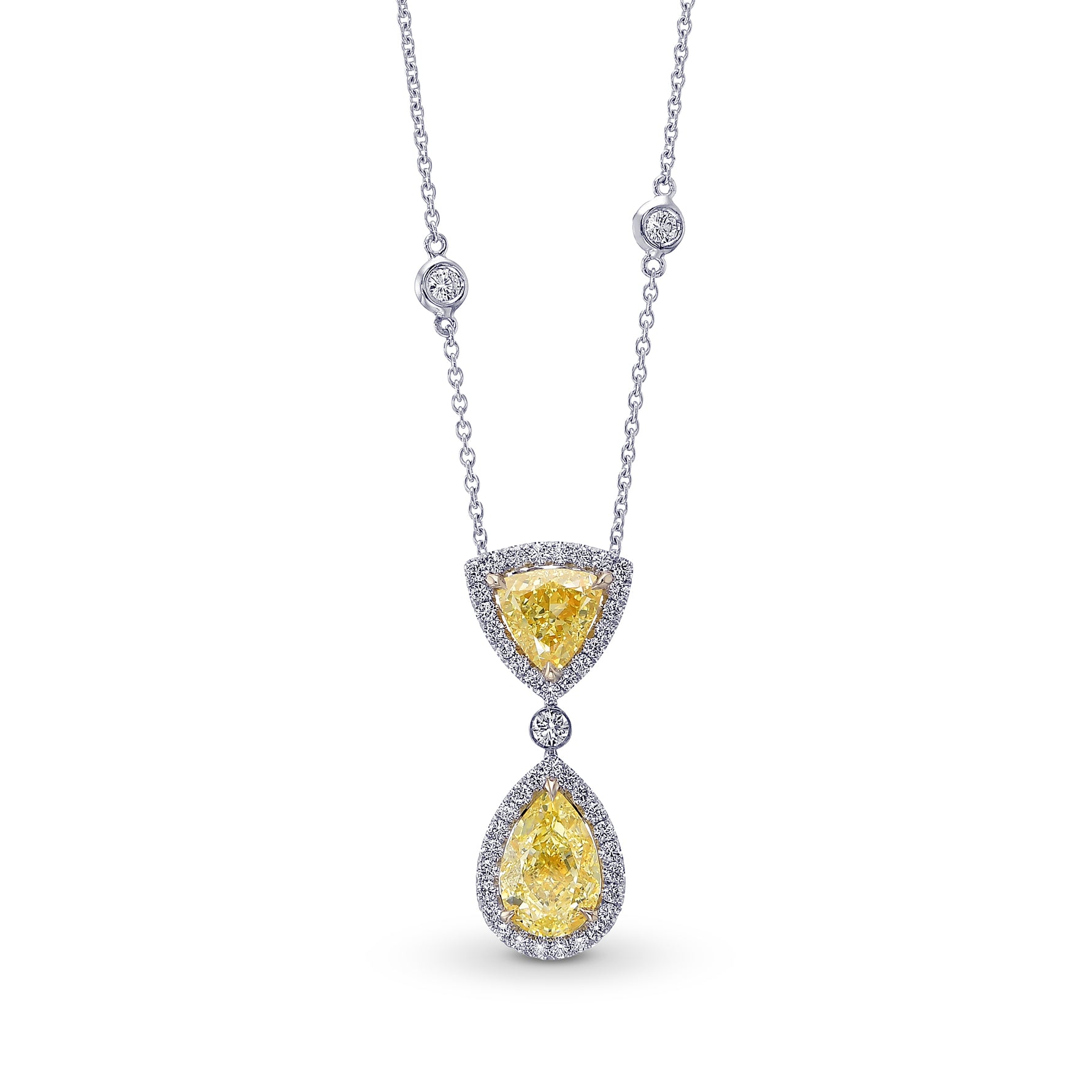 Fancy Light Yellow Pear and Triangle Drop Halo Diamond Pendant.