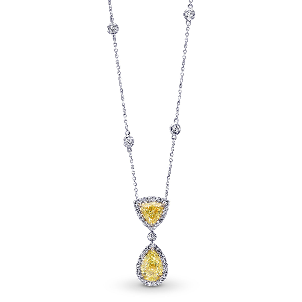 Fancy Light Yellow Pear and Triangle Drop Halo Diamond Pendant.