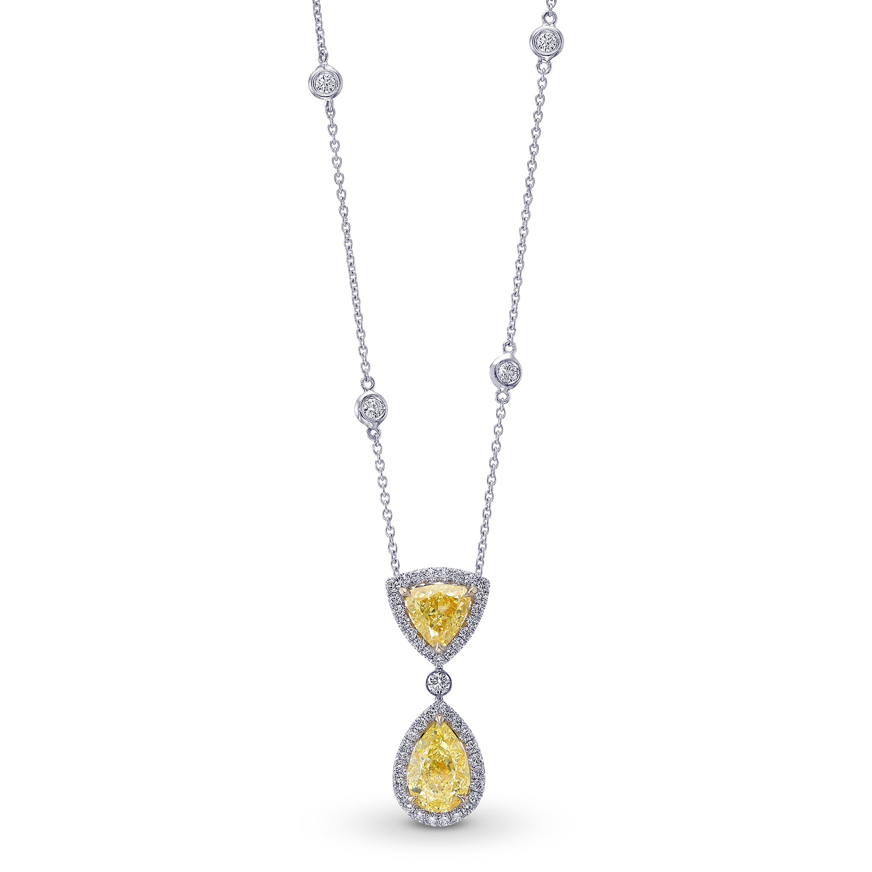 Fancy Light Yellow Pear and Triangle Drop Halo Diamond Pendant.