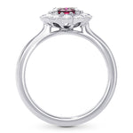  Scalloped Oval Red Ruby & Round Brilliant Diamond Halo Ring