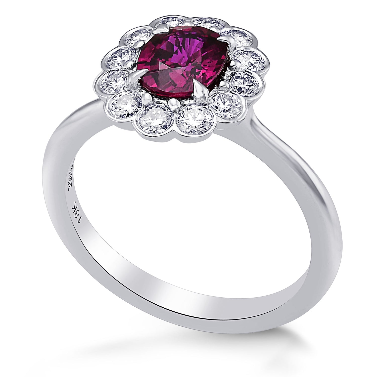  Scalloped Oval Red Ruby & Round Brilliant Diamond Halo Ring