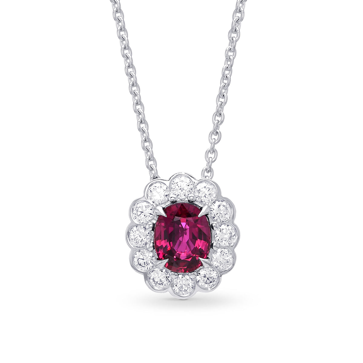 Scalloped Ruby & Round Brilliant Diamond Halo Pendant