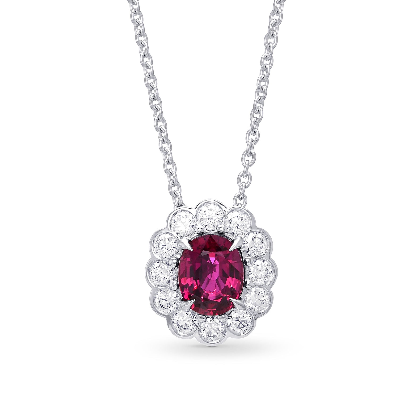 Scalloped Ruby & Round Brilliant Diamond Halo Pendant