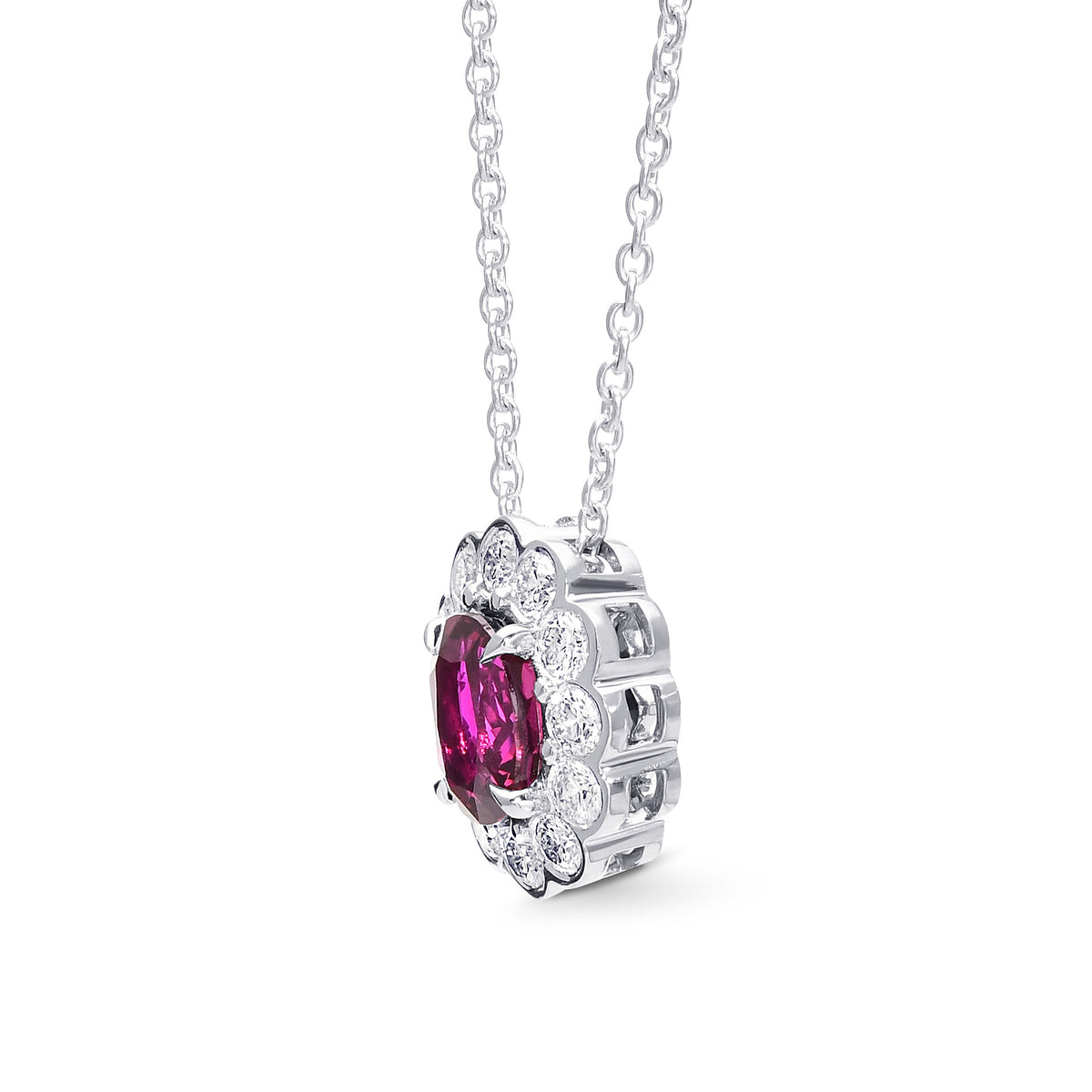 Scalloped Ruby & Round Brilliant Diamond Halo Pendant