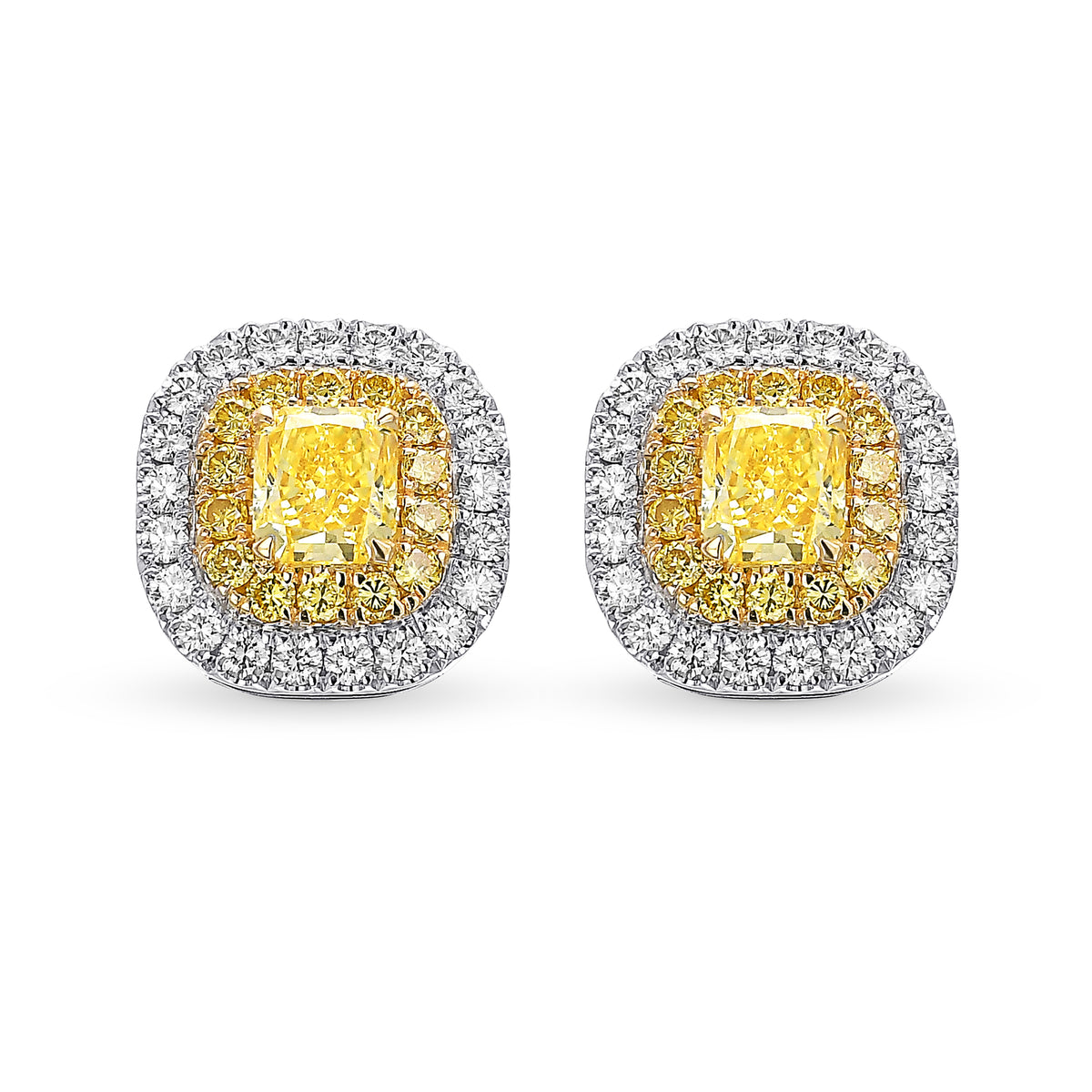 Fancy Intense Yellow Radiant Double Halo Earrings 