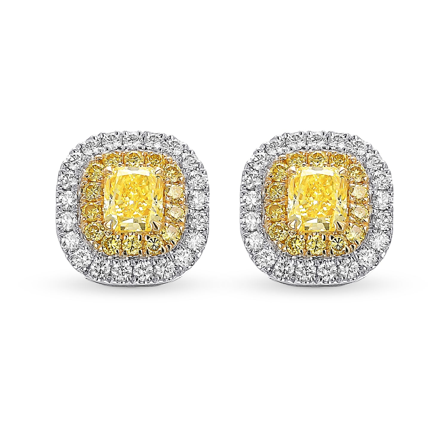 Fancy Intense Yellow Radiant Double Halo Earrings 