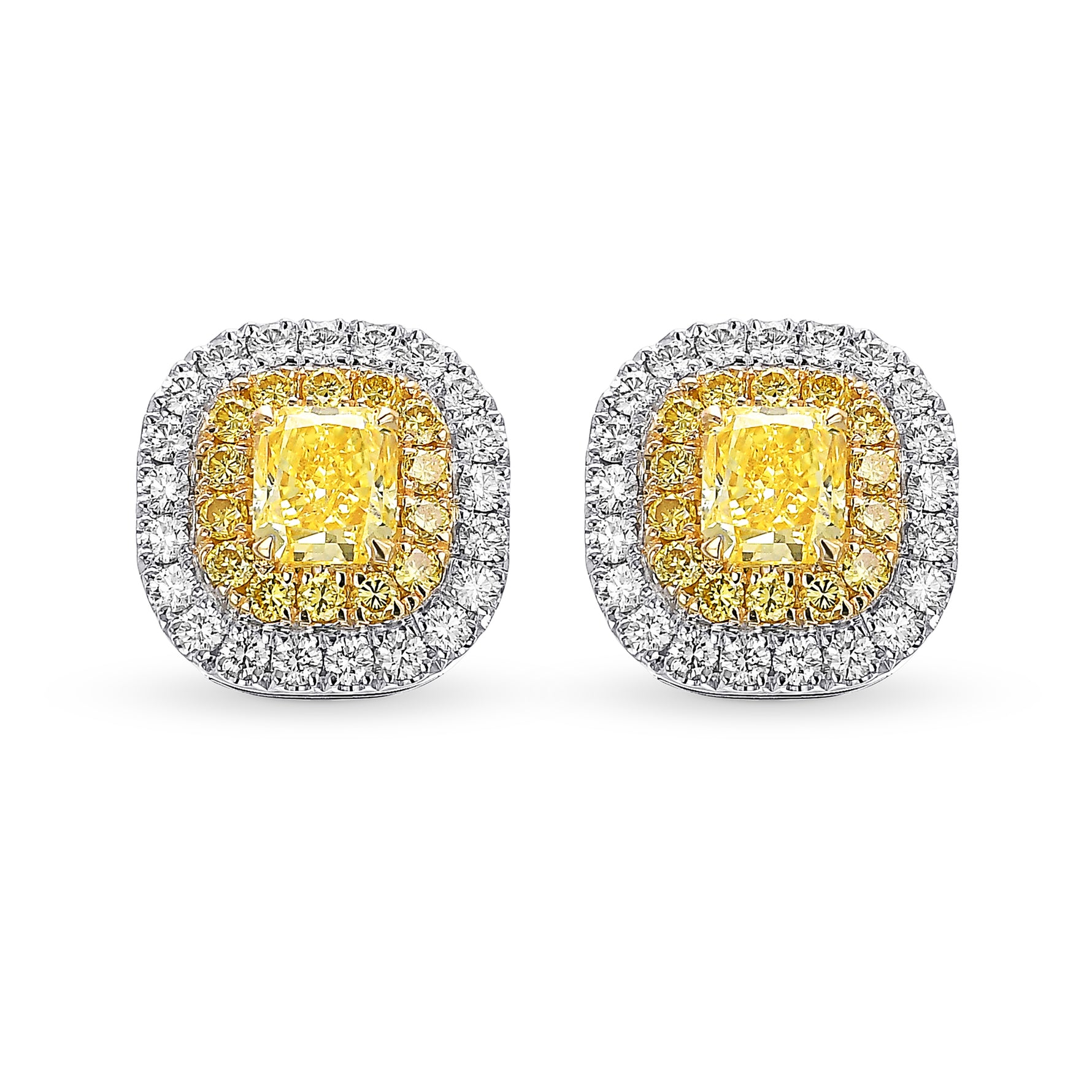 Fancy Intense Yellow Radiant Double Halo Earrings 