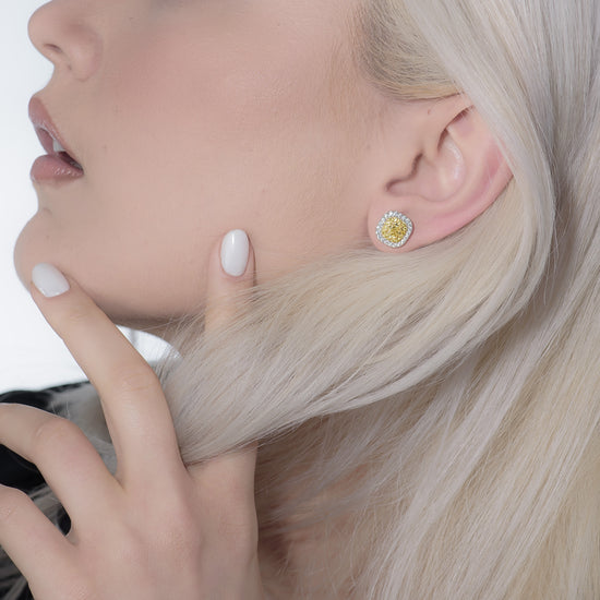 Fancy Intense Yellow Radiant Double Halo Earrings 