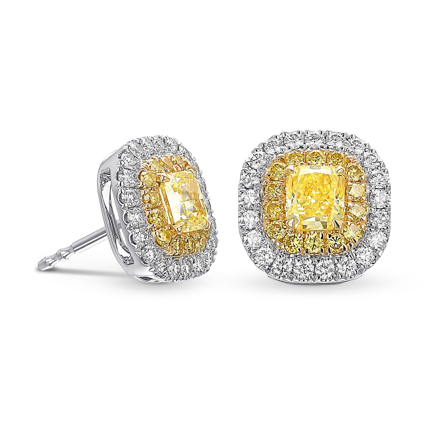 Fancy Intense Yellow Radiant Double Halo Earrings 