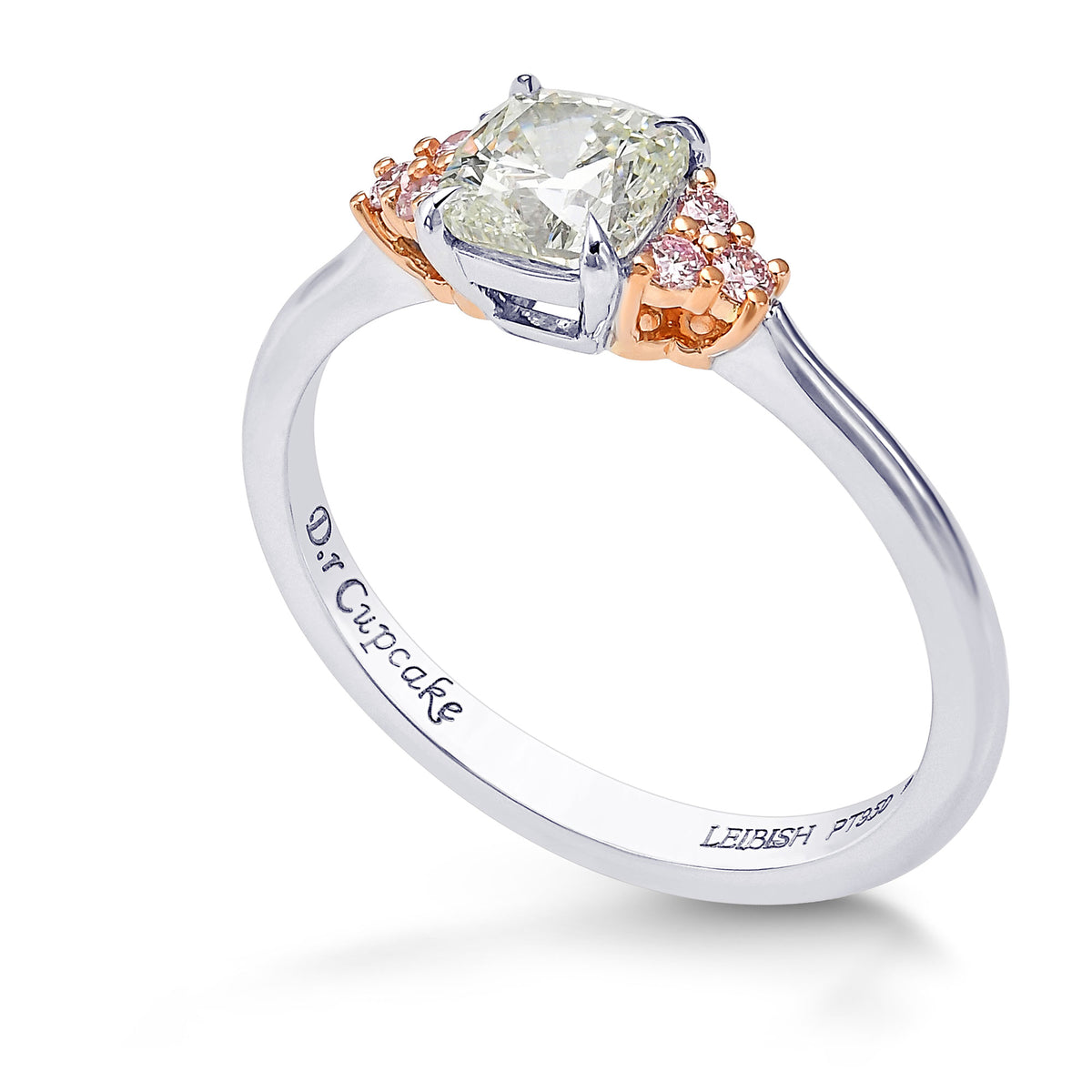 Very Light Green Cushion & Fancy Light Pink Round Diamond Side Stone Ring