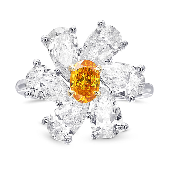 Extraordinary Fancy Vivid Yellowish Orange Oval & Collection color Pear Diamond Ring