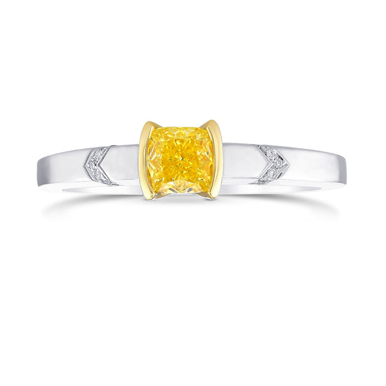 Fancy Vivid Yellow Cushion Half-Bezel Accented Solitaire Diamond Ring 